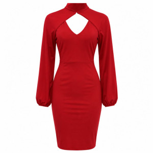 Womens Red Elegant Long Sleeve Bodycon Midi Dress